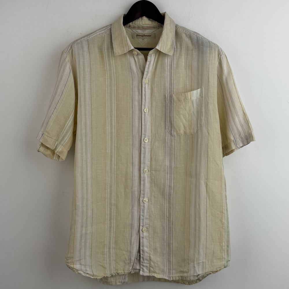 Tommy Bahama Button Up Shirt Men's L Beige Striped Linen Blend Resort Vacation